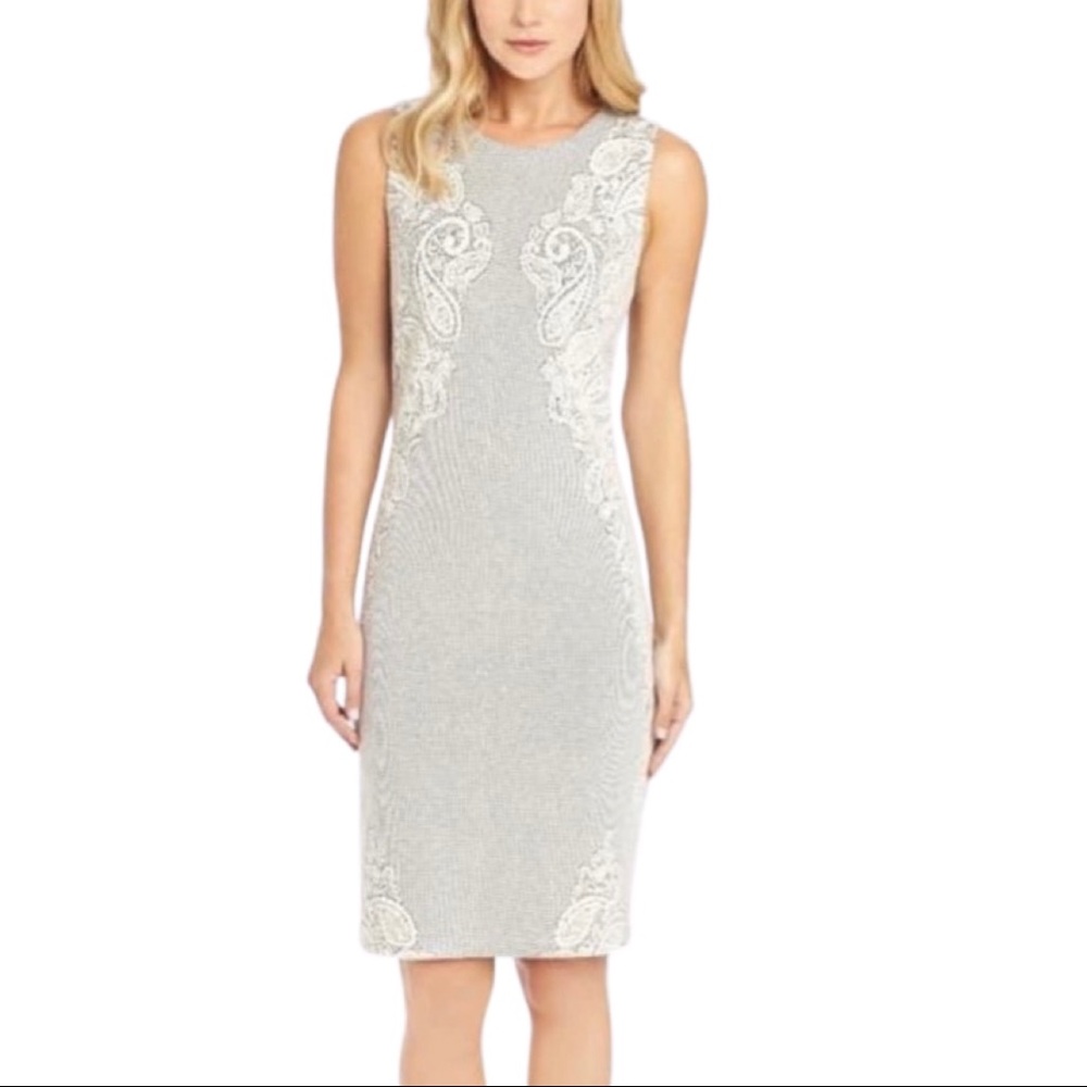 J. McLaughlin Stretch Knit Paisley Sheath Dress Size Small Gray & White